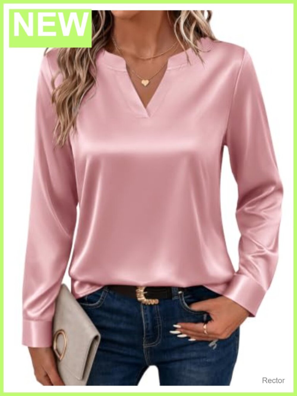 Satin V-Neck Long Sleeve Blouse Button Cuff Office Casual Top